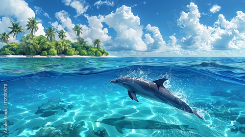 Dolphin leaping in tropical ocean near island.