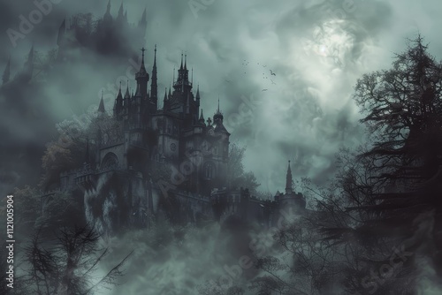 A majestic castle surrounded by a dense forest, shrouded in mysterious fog, creating an enchanting atmosphere. Gothic vampire castle enveloped in fog .