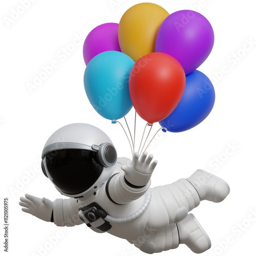 3D Astronaut Floating with Colorful Balloons Illustration