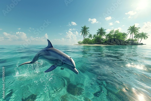 Dolphin leaping near tropical island.