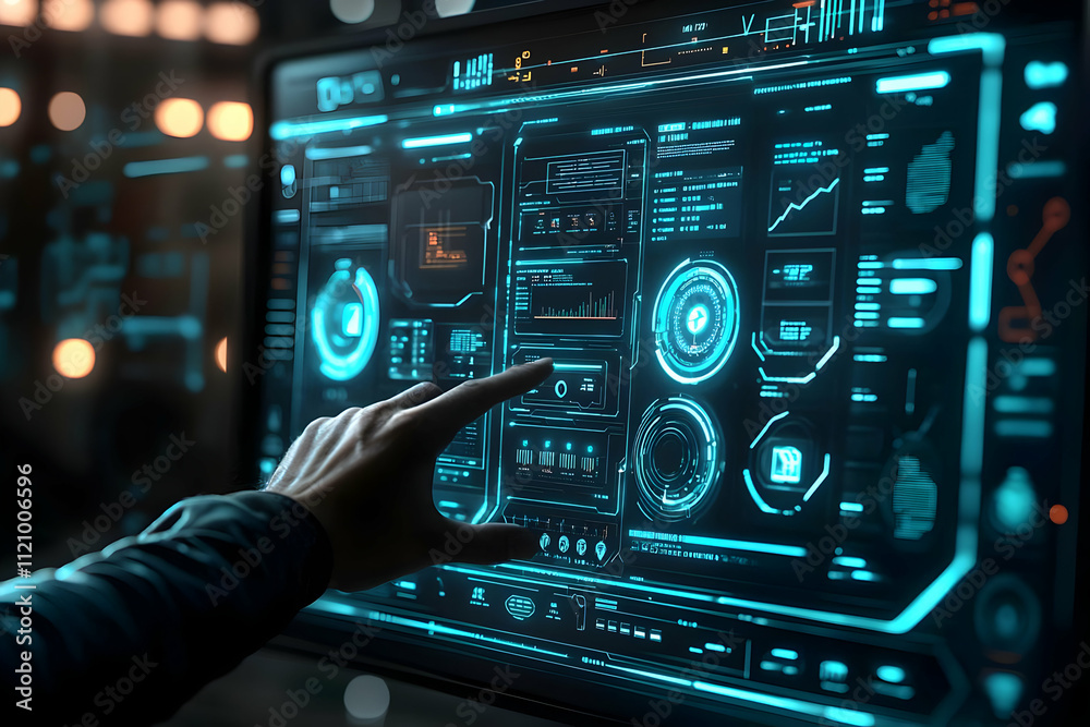Fototapeta premium Digital interface showcasing system management, with a user interacting with a futuristic touchscreen display.