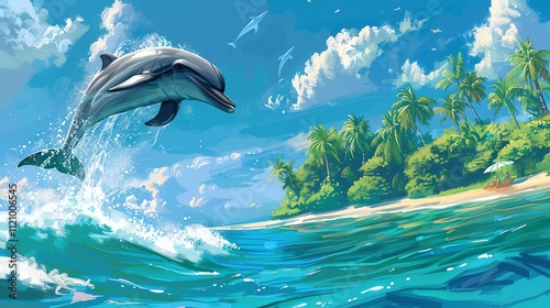 Dolphin leaping over ocean wave near tropical island.