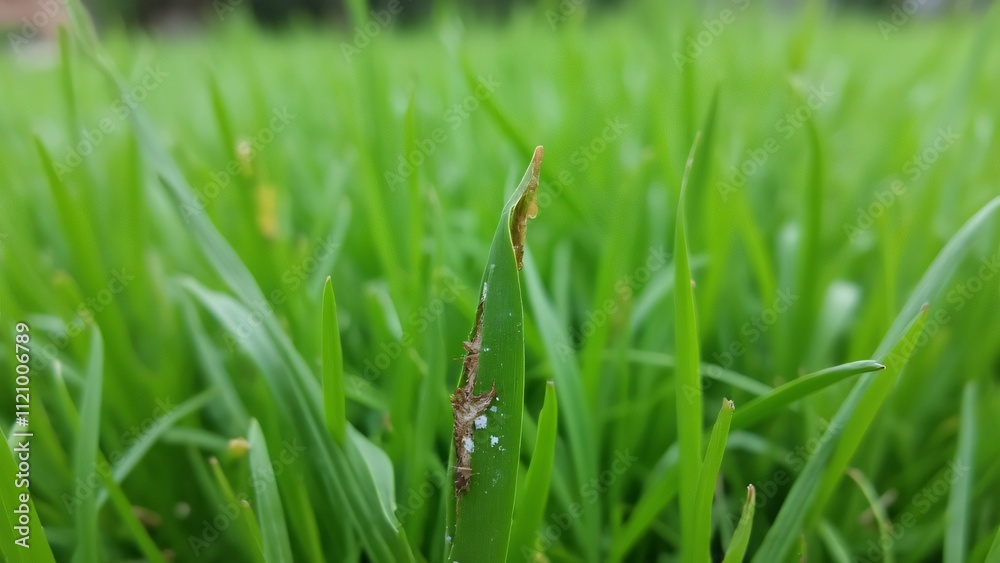 Close-up of Overgrown Grass with Mildew, Needing a Mow, Lush Green Blades and Dry Spots on a Single Blade, Detailed Macro Photography of Backyard Lawn Close-up of Overgrown Grass with Mildew, Needing a Mow, Lush Green Blades and Dry Spots on a Single Blade, Detailed Macro Photography of Backyard Lawn