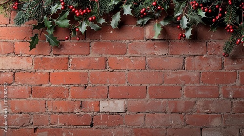 Textured brick wall with historic patterns, Christmas holly, cozy winter warmth, rich seasonal textures