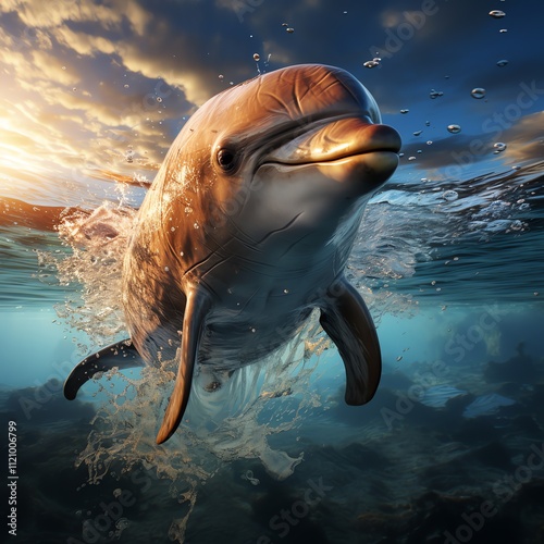 Dolphin surfacing at sunset, ocean water splash.