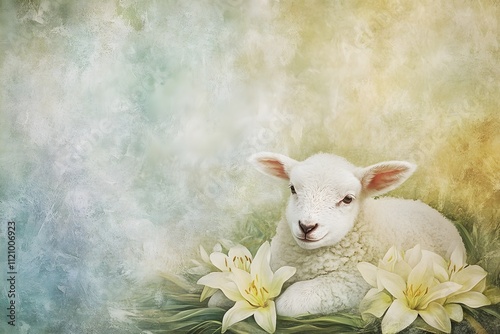 A white lamb is laying on a bed of flowers