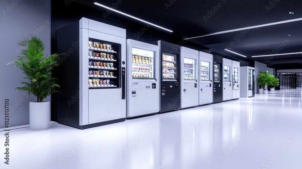 A row of vending machines in a modern hallway. A row of vending machines in a modern hallway.