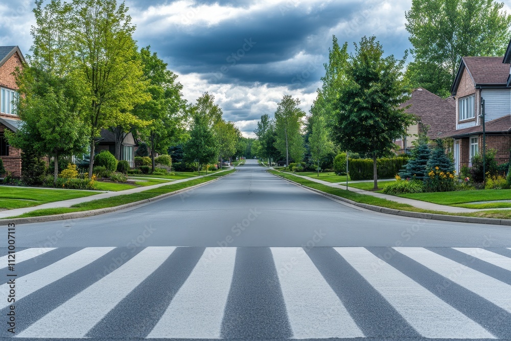 Residential street scene with crosswalk, houses, and lush green trees. Ideal for illustrating suburban living, safety, or real estate. Residential street scene with crosswalk, houses, and lush green trees. Ideal for illustrating suburban living, safety, or real estate.