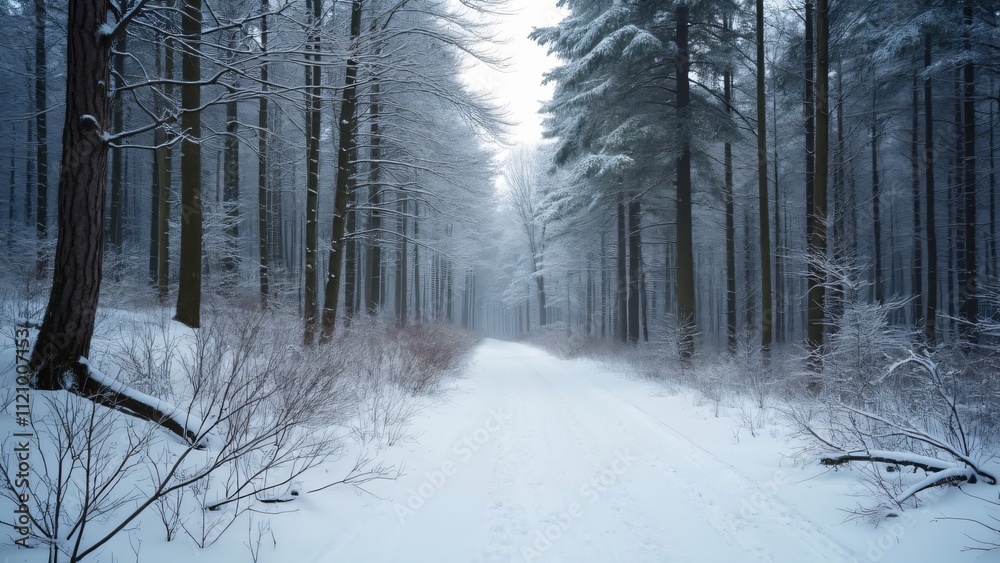 Naklejka premium Serene Snowy Forest Trail, Winter Wonderland in Northern Europe