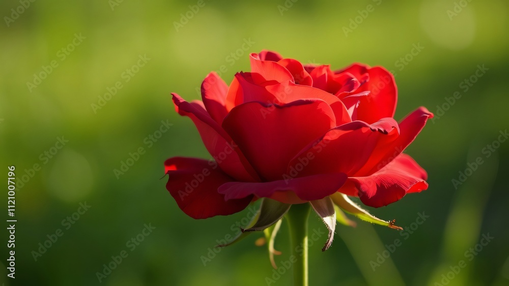 Stunning Vibrant Red Rose Close-Up, Gracefully Folded Petals in Sunlight on Lush Green Grass Stunning Vibrant Red Rose Close-Up, Gracefully Folded Petals in Sunlight on Lush Green Grass