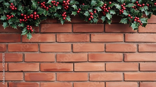 Textured brick wall with decorative patterns, Christmas holly and berries, warm and cozy holiday atmosphere