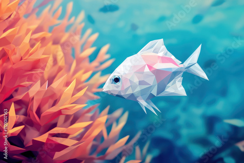 A white geometric fish swims gracefully near vibrant orange coral in a serene underwater scene. photo