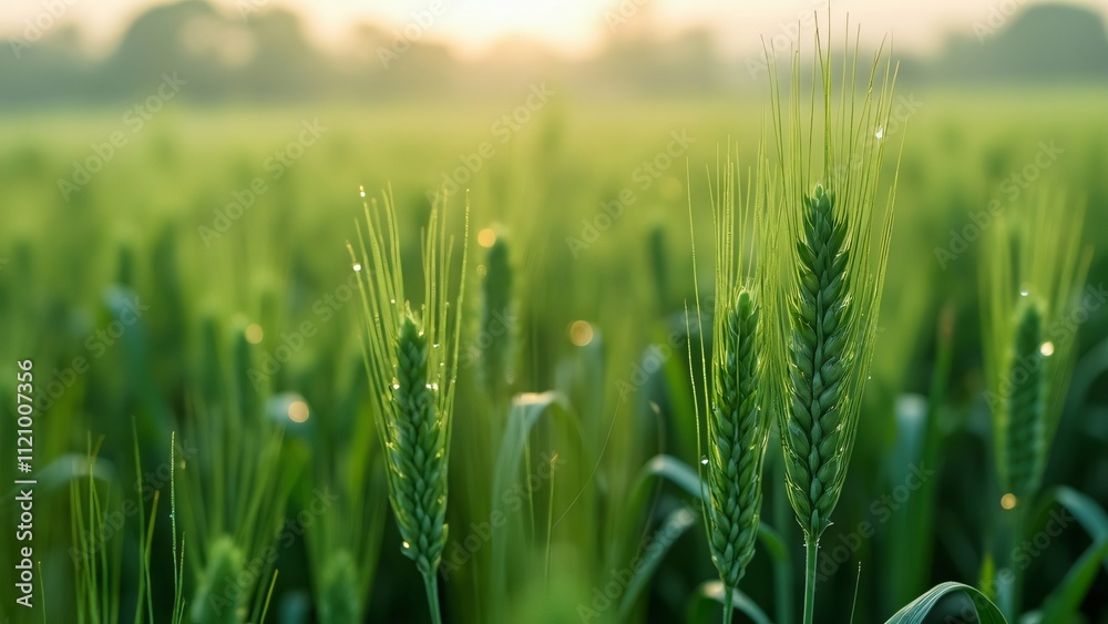 Serene Spring Wheat Field, Dewdrops on Green Grains at Sunrise Serene Spring Wheat Field, Dewdrops on Green Grains at Sunrise