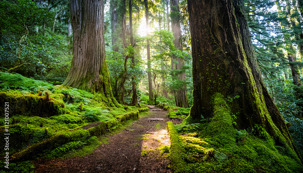 Obraz premium A winding forest path leads through a vibrant green landscape