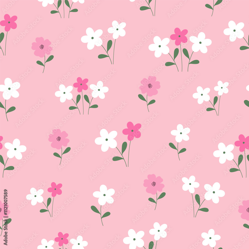 Seamless pattern with small flowers on pink background. Hand drawn floral pattern for your fabric, summer background, wallpaper, backdrop, textile. Vector illustration Seamless pattern with small flowers on pink background. Hand drawn floral pattern for your fabric, summer background, wallpaper, backdrop, textile. Vector illustration