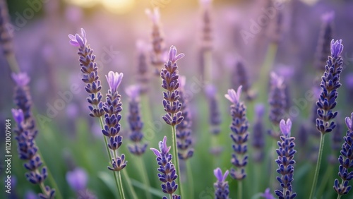 Tranquil Lavender Field, Close-Up of Blooming Purple Flowers in Summer Sunlight