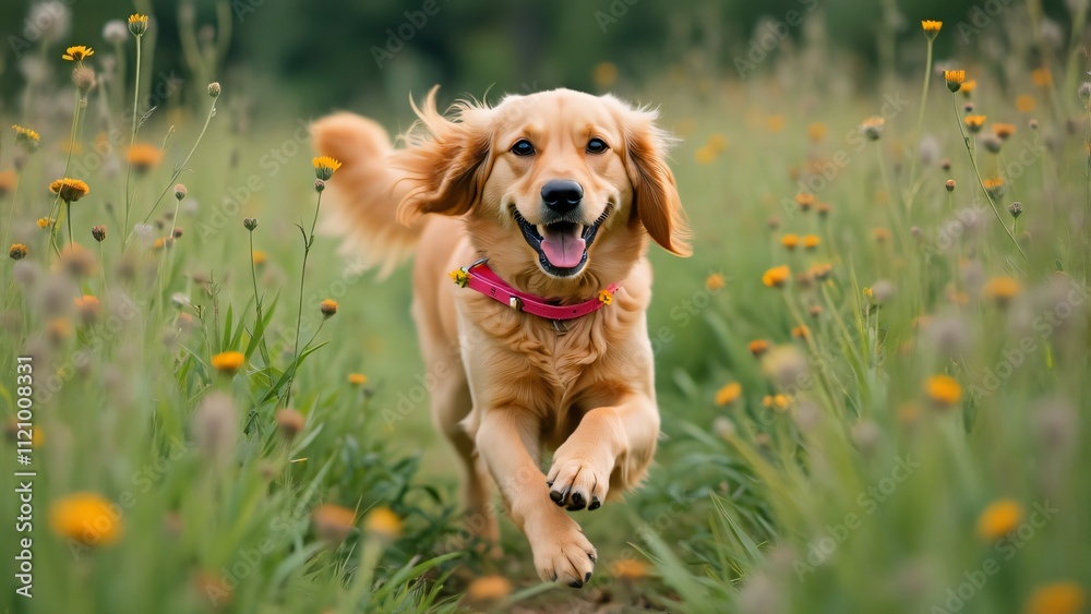 Joyful Golden Retriever Running in Wildflower Meadow - Candid Photo Joyful Golden Retriever Running in Wildflower Meadow - Candid Photo