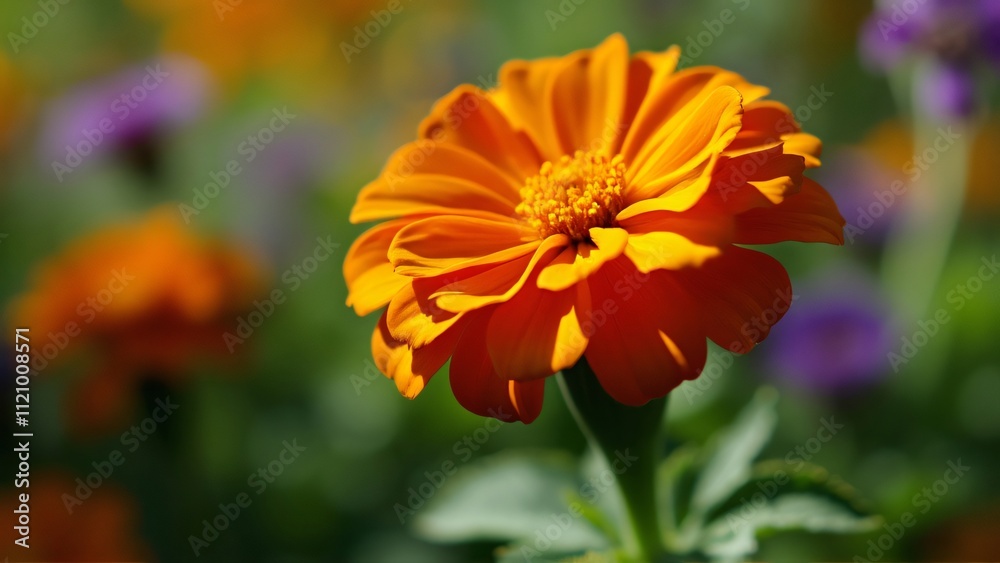 Vibrant Orange Marigold Close-up, Sunlit Petals & Soft Shadows, Blurred Green Leaves and Purple Flowers in Background Vibrant Orange Marigold Close-up, Sunlit Petals & Soft Shadows, Blurred Green Leaves and Purple Flowers in Background