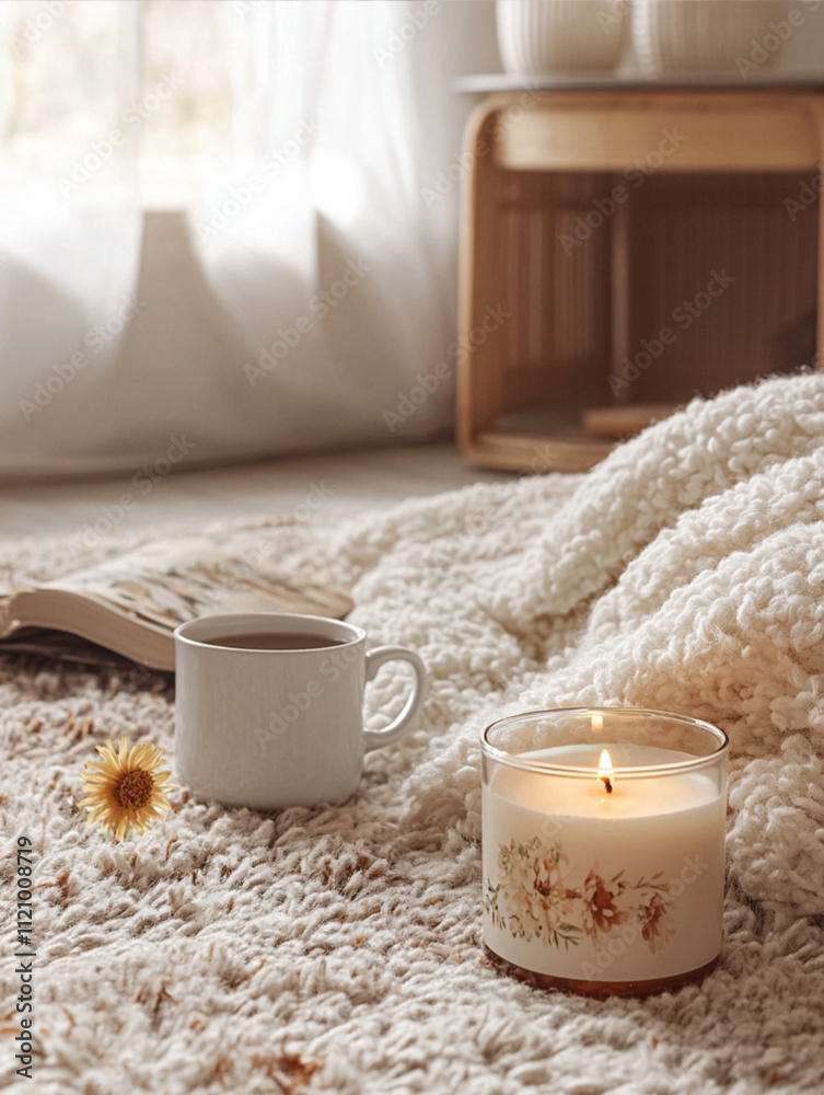 A cozy living room with soft, fluffy blankets and coffee mugs on the floor, showcasing a homemade soy wax candle . A cozy living room with soft, fluffy blankets and coffee mugs on the floor, showcasing a homemade soy wax candle .