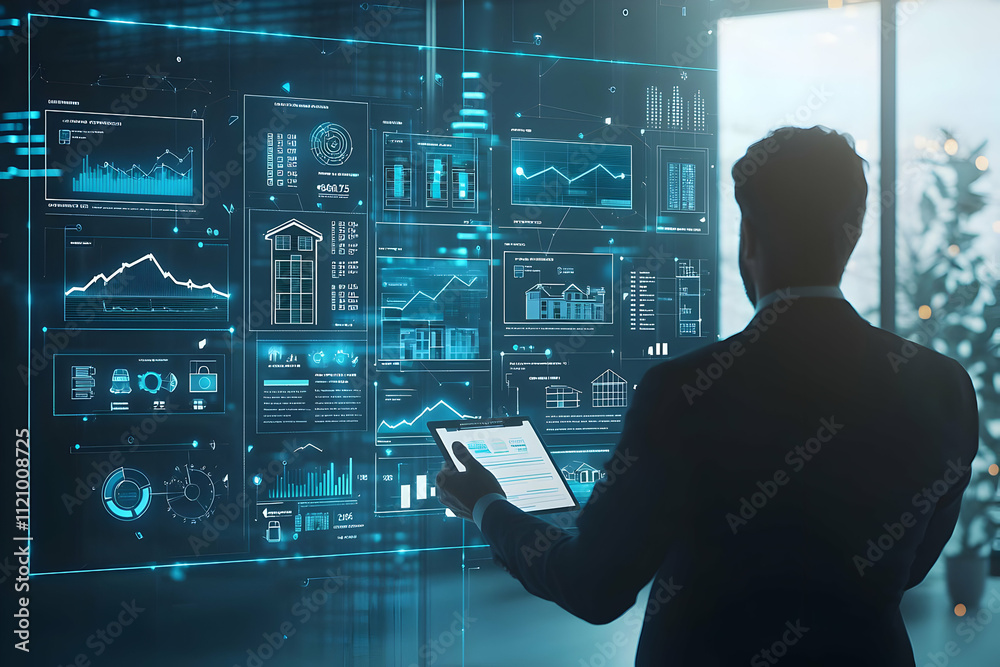 custom made wallpaper toronto digitalA businessman navigating through an interactive screen to analyze real estate investments and property insurance, optimizing business and asset management.