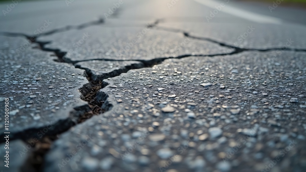 Obraz premium Close-up Cracked Asphalt Road Texture, Detailed Image of Broken Concrete Pavement, Ideal Background for Design Projects or Text Overlay