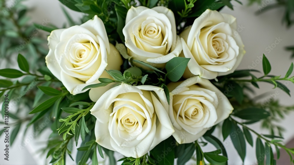 Elegant Overhead View of a Bouquet of Cream White Roses with Lush Green Foliage, Perfect Wedding or Funeral Flowers Elegant Overhead View of a Bouquet of Cream White Roses with Lush Green Foliage, Perfect Wedding or Funeral Flowers