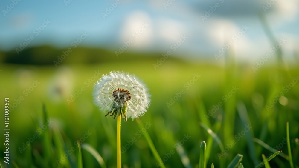 Stunning Macro Shot of Dandelion in Spring Meadow, Summer Countryside Landscape, Blue Sky, Clouds, Nature Background Photography Stunning Macro Shot of Dandelion in Spring Meadow, Summer Countryside Landscape, Blue Sky, Clouds, Nature Background Photography