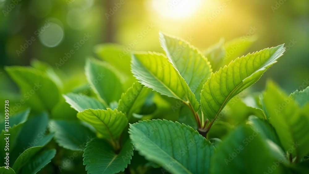 Vibrant Green Leaves Basking in Sunlight, Close-up of Lush Foliage Representing Environmental Sustainability and Ecological Balance