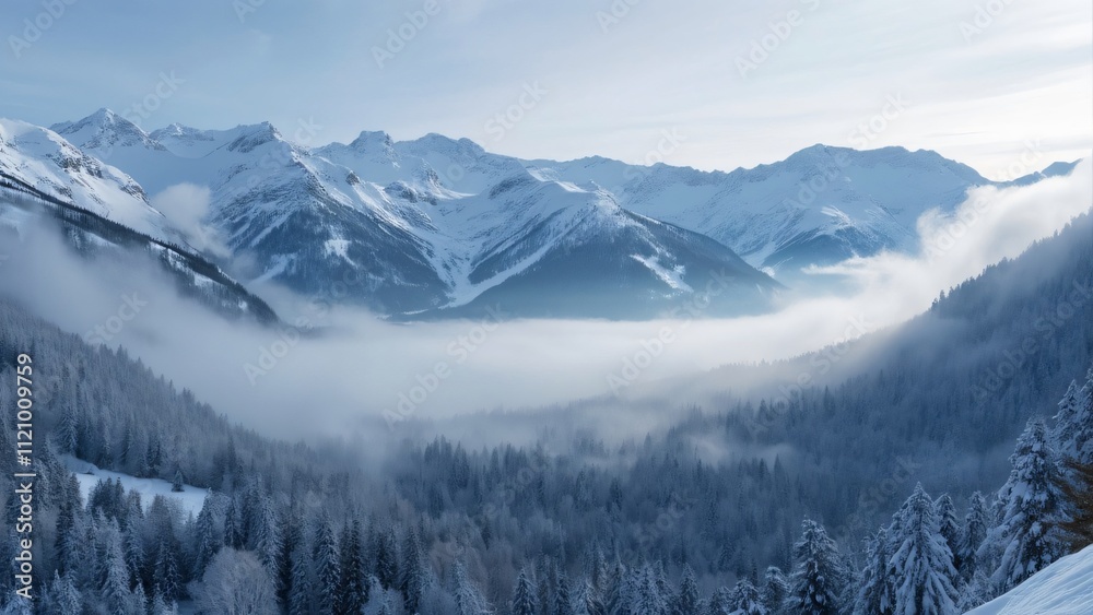 custom made wallpaper toronto digitalMajestic Panoramic Winter Landscape, Snow-Covered Mountains, Misty Forest, Breathtaking Scenery