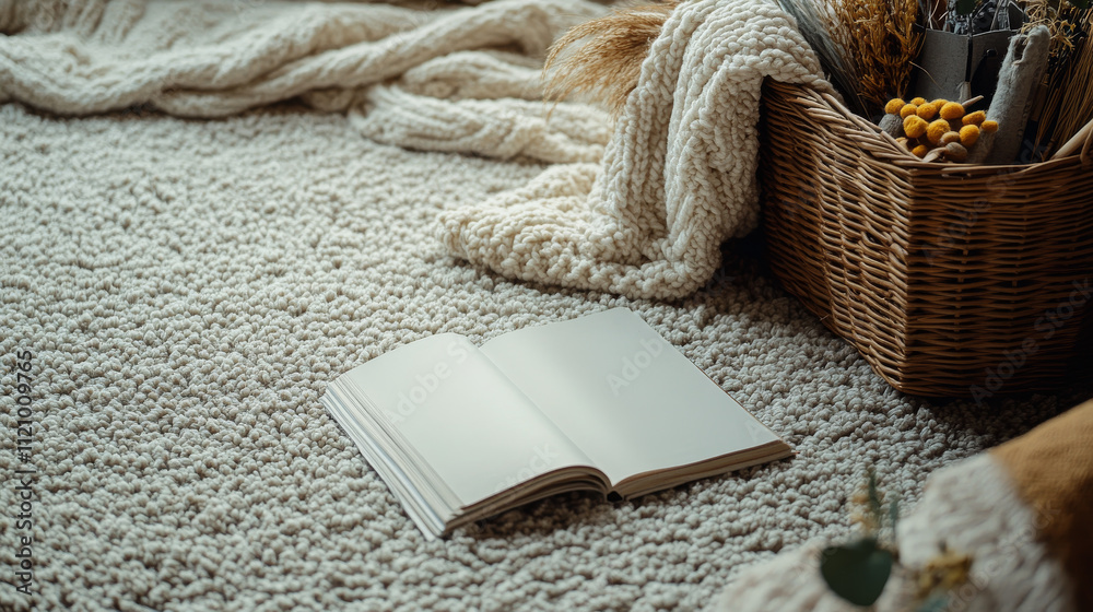 Fototapeta premium Cozy scene with an open book on a fluffy rug, surrounded by a knitted blanket and a wicker basket. Perfect for relaxation and reading.