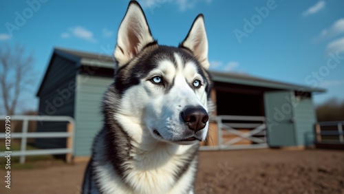 Stunning Siberian Husky Close-Up Near Equestrian Stable, Blue Eyes, White & Black Fur, Profile View