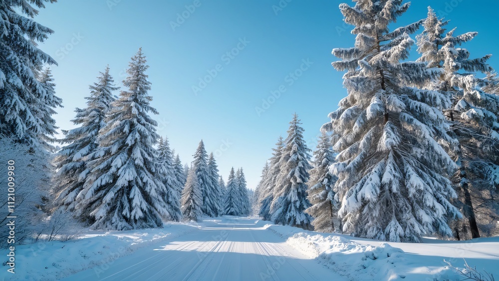 Serene Winter Wonderland, Snow Covered Pine Trees and Empty Road Serene Winter Wonderland, Snow Covered Pine Trees and Empty Road