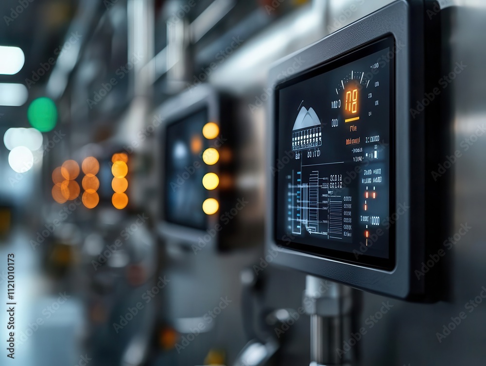 Closeup of smart controls for temperature and humidity in poultry factory, environmental control tech, precise, intelligent Closeup of smart controls for temperature and humidity in poultry factory, environmental control tech, precise, intelligent