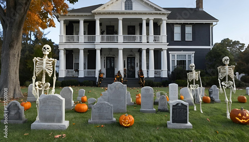 halloween decorations displayed on a house porch to set the scene for spooky festivities photo