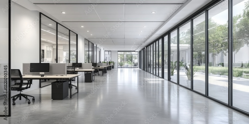 Modern Office Interior Featuring Glass Walls, Open Desks, and Lush Greenery Under Natural Light in a Bright and Spacious Environment