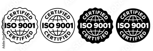 ISO 3166, 13485, 31000, 26000, 27001, 22000, 45001, 50001, 9001, 14001 certified badge set. International Organization for Standardization ISO logo, label, emblem, stamp, vector isolated illustration.