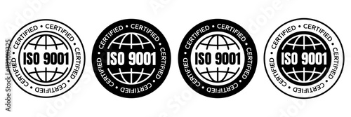 ISO 3166, 13485, 31000, 26000, 27001, 22000, 45001, 50001, 9001, 14001 certified badge set. International Organization for Standardization ISO logo, label, emblem, stamp, vector isolated illustration.