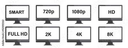 video resolution 480p, 720p,1080p, 2k, 4k and 8k ultra hd tag vector icons