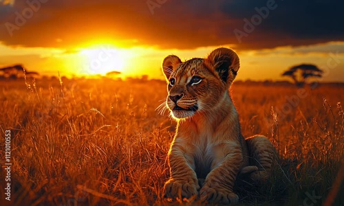 A lion cub resting in golden grass at sunset.