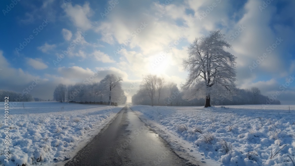 Stunning Wide-Angle View, Snow-Covered German Field, Road, Trees, and Sunny Sky Stunning Wide-Angle View, Snow-Covered German Field, Road, Trees, and Sunny Sky
