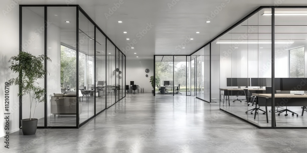 Fototapeta premium Modern Office Interior Featuring Glass Walls, Bright White Ceiling, and Spacious Layout Ideal for Collaborative Work Environments and Minimalist Design
