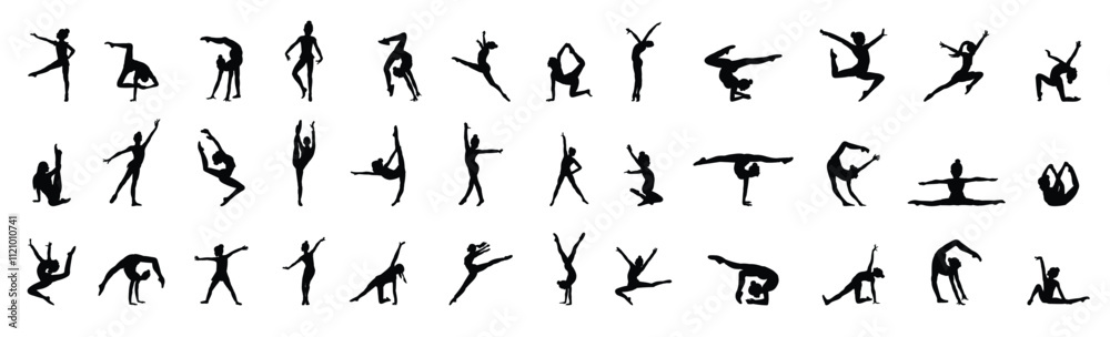 Vector isolated girl gymnast black silhouette set Vector isolated girl gymnast black silhouette set