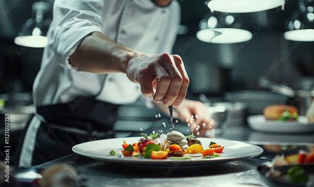 Chef garnishing a gourmet dish in a modern kitchen setting. Chef garnishing a gourmet dish in a modern kitchen setting.