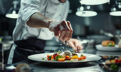 Chef garnishing a gourmet dish in a modern kitchen setting.