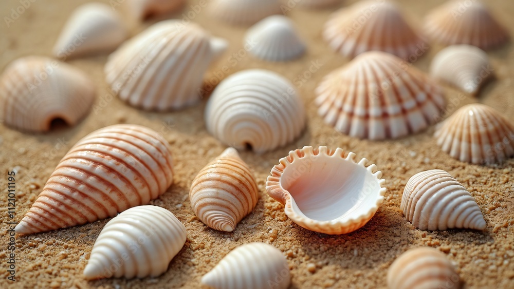 Close-up Aesthetic Flat Lay of Seashells on Brown Sand, Beautiful Beach Shells Collection, Detailed Texture and Natural Colors Close-up Aesthetic Flat Lay of Seashells on Brown Sand, Beautiful Beach Shells Collection, Detailed Texture and Natural Colors
