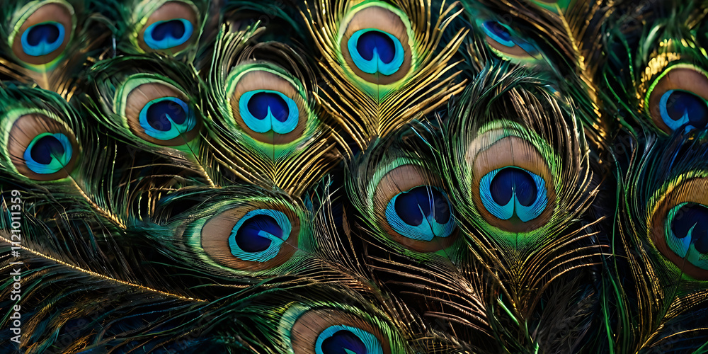 Fototapeta premium A bold and colorful peacock feather pattern in shades of blue, green, and gold on a plain background, showcasing elegance and vibrancy.