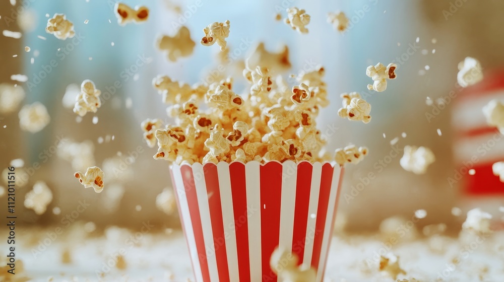 Popcorn Bursts Joyfully From a Striped Container in a Vibrant Setting, Capturing the Excitement of Movie Night at Home With Friends and Family, Filled With Laughter and Delicious Snacks Popcorn Bursts Joyfully From a Striped Container in a Vibrant Setting, Capturing the Excitement of Movie Night at Home With Friends and Family, Filled With Laughter and Delicious Snacks