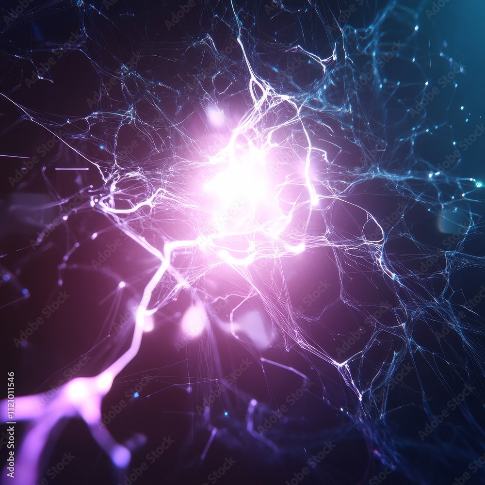 Illuminating Neural Pathways in a Vibrant Cosmic Expanse Filled With Electric Energy and Intricate Patterns at Dawn
