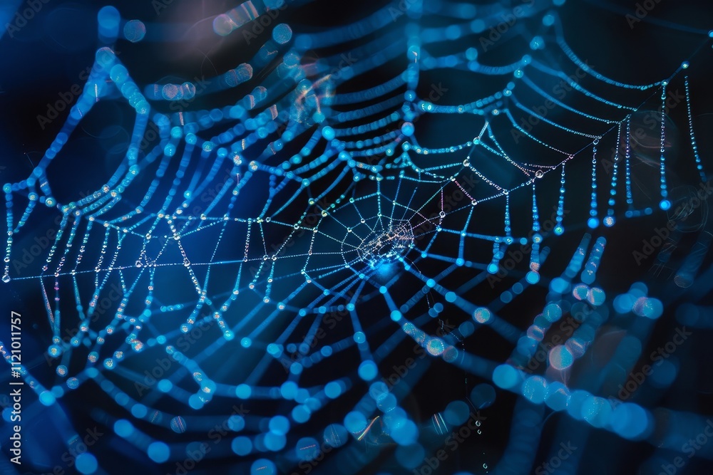 A close-up of a spider web featuring intricate lines and shimmering dew drops, showcasing nature's delicate artistry. Intricate spider web of interconnected devices with encrypted connections.