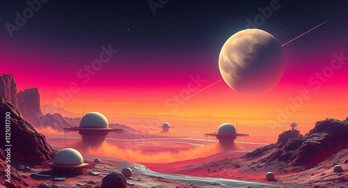 Futuristic Sci-Fi Moon Base with Gleaming Metals and Vibrant Neon Colors